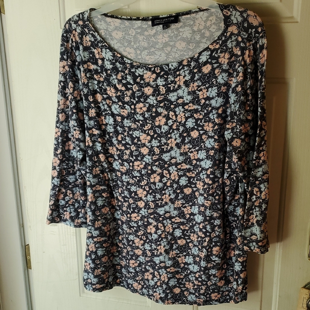 Jones New‎ York Blue 3/4 Sleeve Relaxed Blouse